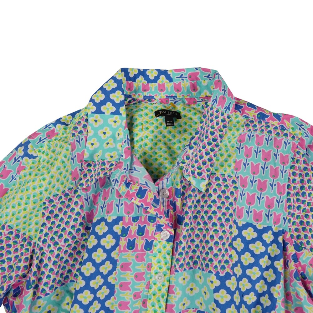 Talbots Islands Shirt Dress Womens 16W Multicolor Patchwork Floral Tulip Belted - Picture 2 of 16